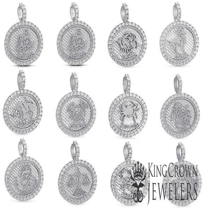 Real Genuine Sterling Silver 14K White Gold On Zodiac Sign Astrology Horoscope Round Pendant 2.00 Cwt. Simulated Diamond Charm Chain Set