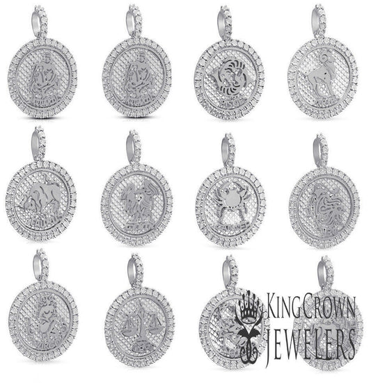 Real Genuine Sterling Silver 14K White Gold On Zodiac Sign Astrology Horoscope Round Pendant 2.00 Cwt. Simulated Diamond Charm Chain Set