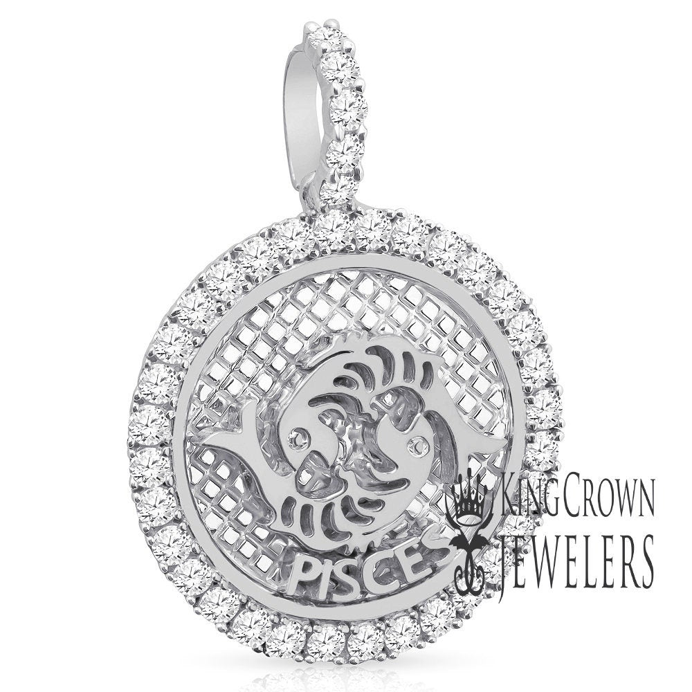 Real Genuine Sterling Silver 14K White Gold On Zodiac Sign Astrology Horoscope Round Pendant 2.00 Cwt. Simulated Diamond Charm Chain Set