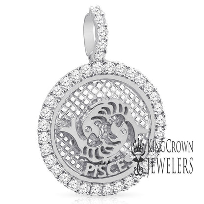 Real Genuine Sterling Silver 14K White Gold On Zodiac Sign Astrology Horoscope Round Pendant 2.00 Cwt. Simulated Diamond Charm Chain Set