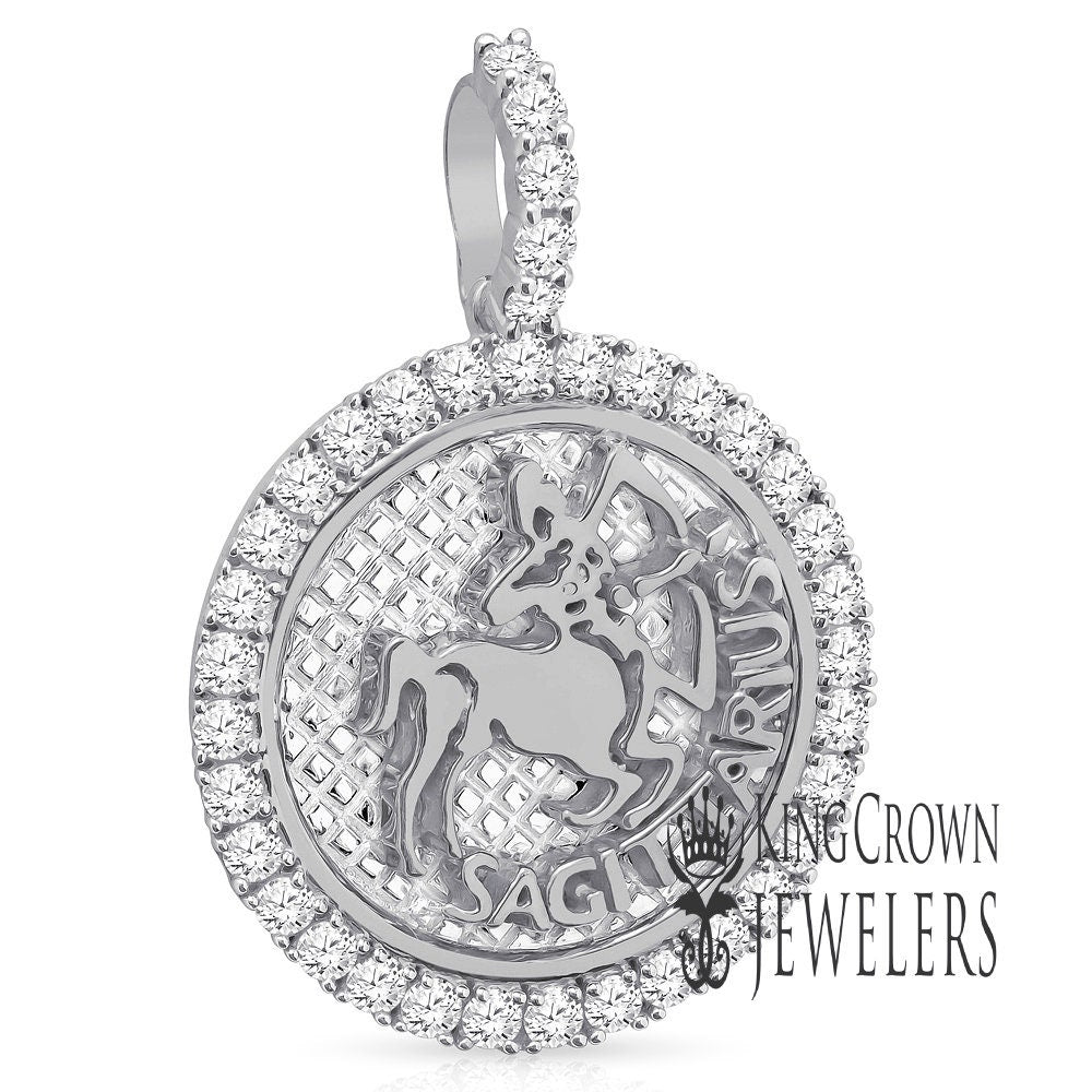 Real Genuine Sterling Silver 14K White Gold On Zodiac Sign Astrology Horoscope Round Pendant 2.00 Cwt. Simulated Diamond Charm Chain Set