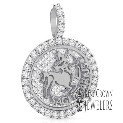 Real Genuine Sterling Silver 14K White Gold On Zodiac Sign Astrology Horoscope Round Pendant 2.00 Cwt. Simulated Diamond Charm Chain Set