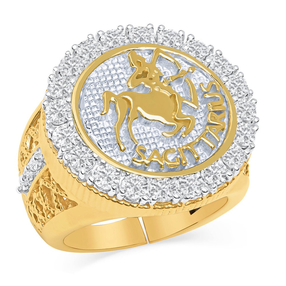 14K Gold On Real Genuine Sterling Silver 2.00 Cwt. Simulated Diamond Zodiac Sign Astrology Horoscope Ring Band (Adjustable Size 10 Up To 12)