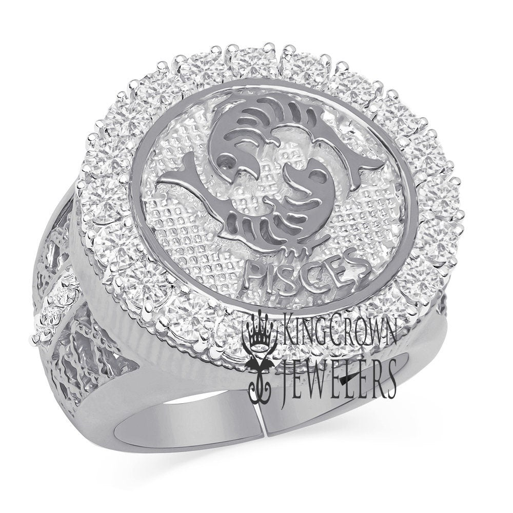 Men's 14K White Gold Over Real Genuine Sterling Silver 2.00 Cwt. Simulated Diamond Zodiac Sign Astrology Horoscope Adjustable Size Ring Band