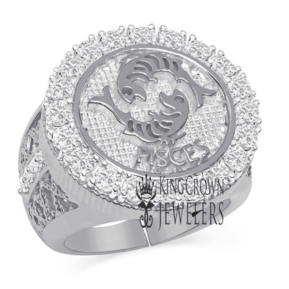 Men's 14K White Gold Over Real Genuine Sterling Silver 2.00 Cwt. Simulated Diamond Zodiac Sign Astrology Horoscope Adjustable Size Ring Band