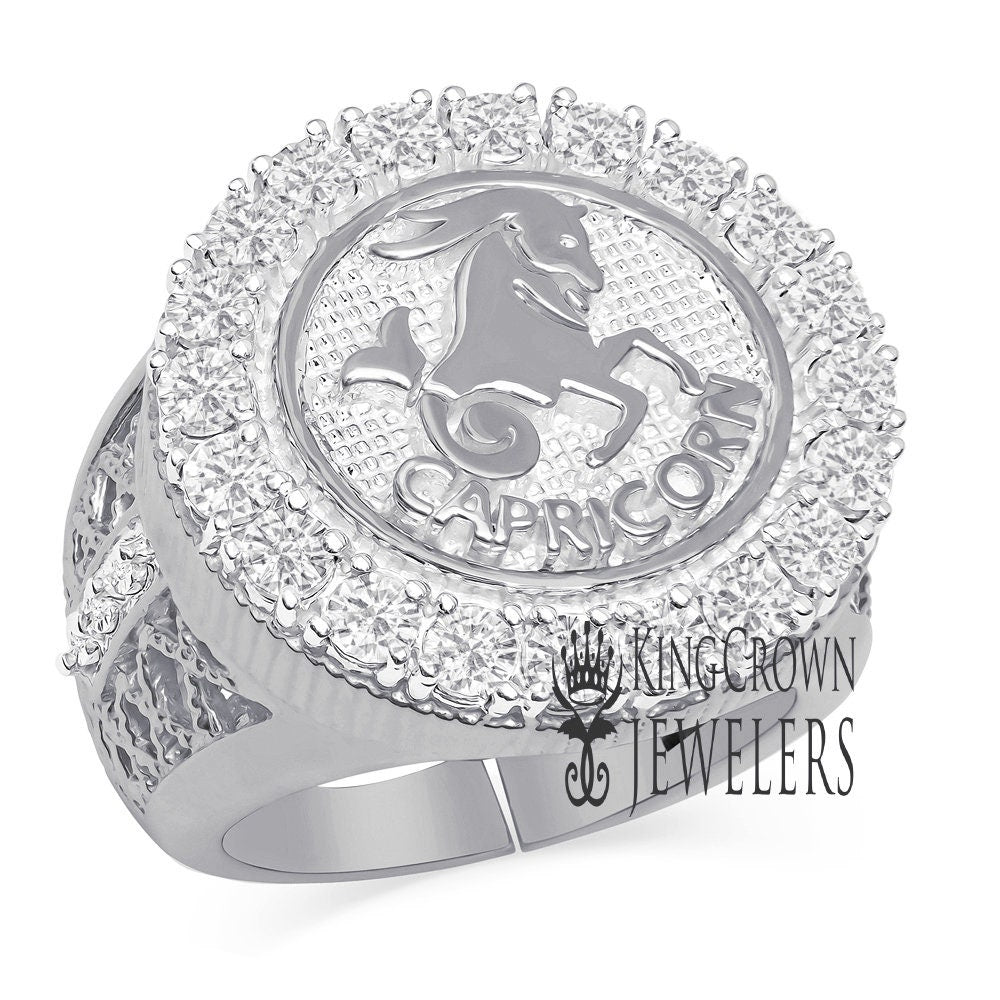 Men's 14K White Gold Over Real Genuine Sterling Silver 2.00 Cwt. Simulated Diamond Zodiac Sign Astrology Horoscope Adjustable Size Ring Band