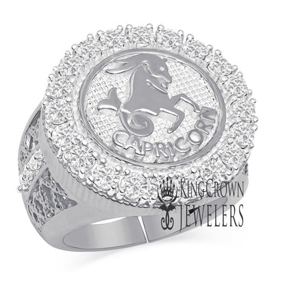 Men's 14K White Gold Over Real Genuine Sterling Silver 2.00 Cwt. Simulated Diamond Zodiac Sign Astrology Horoscope Adjustable Size Ring Band