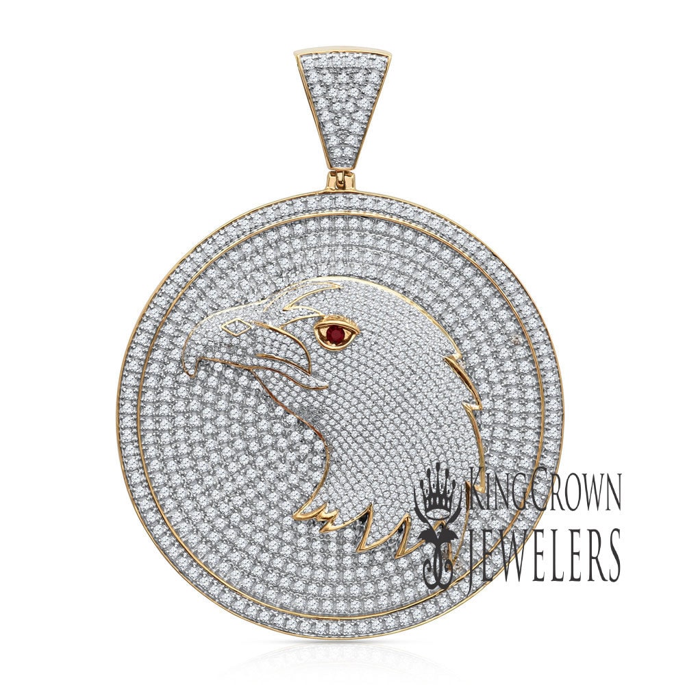 Exclusive Custom Piece Mens Real Yellow Gold Sterling Silver XL 3'' American Eagle Falcon Bird Pendant Medallion Charm