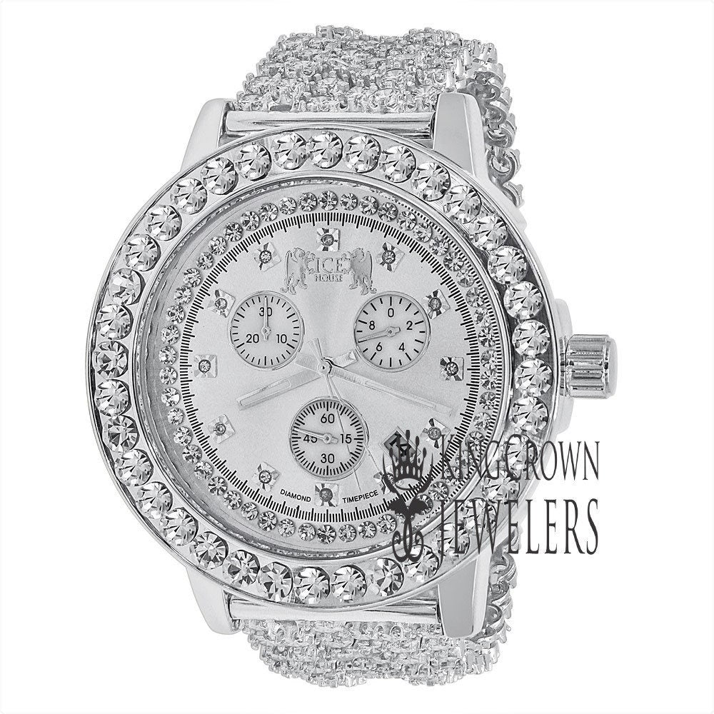 Mens Solitaire Bezel Real Genuine Diamond Dial White Gold Tone Iced Out  Custom Band Watch W/Date Function