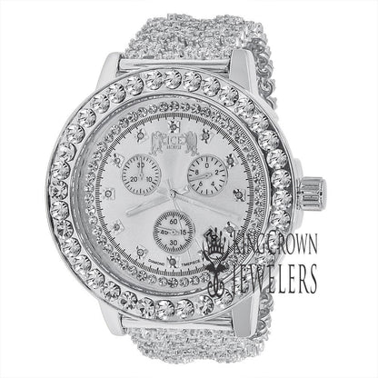 Mens Solitaire Bezel Real Genuine Diamond Dial White Gold Tone Iced Out  Custom Band Watch W/Date Function