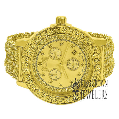 Gold Canary Tone Mens Solitaire Bezel Real Genuine Diamond Dial Iced Out Custom Band Watch W/Date Function