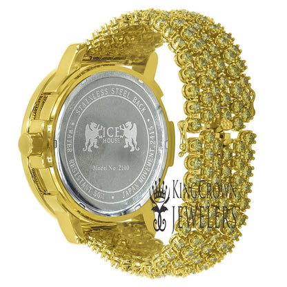 Gold Canary Tone Mens Solitaire Bezel Real Genuine Diamond Dial Iced Out Custom Band Watch W/Date Function