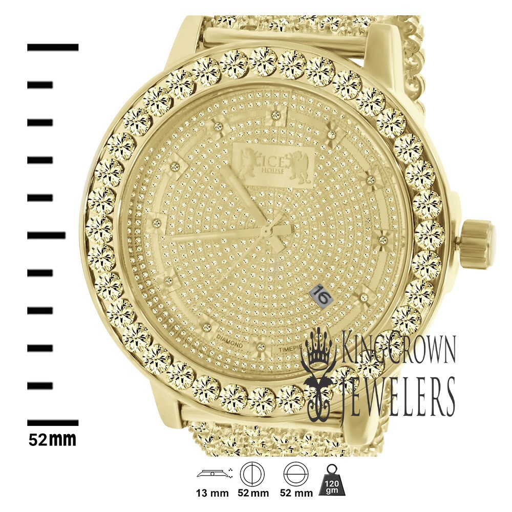 Analog Solitaire Bezel Real Diamond Dial Gold Canarey Tone Iced Out Custom Band Mens Luxury Solid Steel Back Watch W/Date