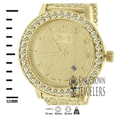 Analog Solitaire Bezel Real Diamond Dial Gold Canarey Tone Iced Out Custom Band Mens Luxury Solid Steel Back Watch W/Date