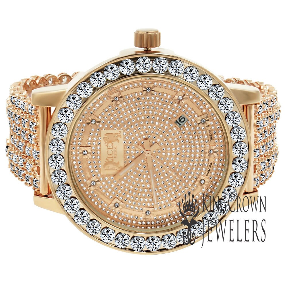 Rose Gold Tone Analog Solitaire Bezel Real Diamond Dial Iced Out Custom Band Mens Luxury Solid Steel Back Watch W/Date