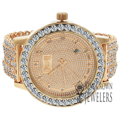 Rose Gold Tone Analog Solitaire Bezel Real Diamond Dial Iced Out Custom Band Mens Luxury Solid Steel Back Watch W/Date