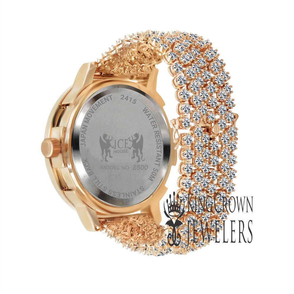 Rose Gold Tone Analog Solitaire Bezel Real Diamond Dial Iced Out Custom Band Mens Luxury Solid Steel Back Watch W/Date