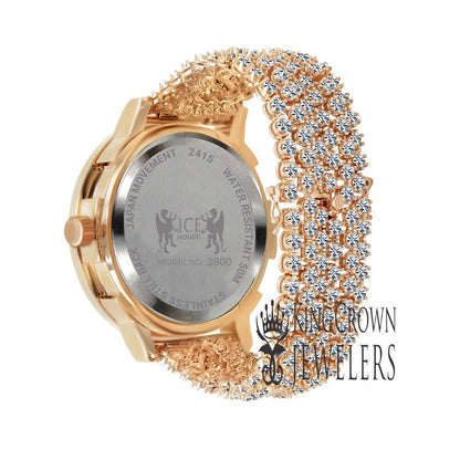 Rose Gold Tone Analog Solitaire Bezel Real Diamond Dial Iced Out Custom Band Mens Luxury Solid Steel Back Watch W/Date