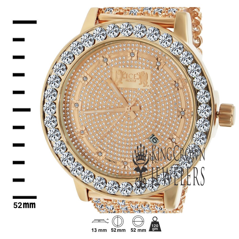 Rose Gold Tone Analog Solitaire Bezel Real Diamond Dial Iced Out Custom Band Mens Luxury Solid Steel Back Watch W/Date