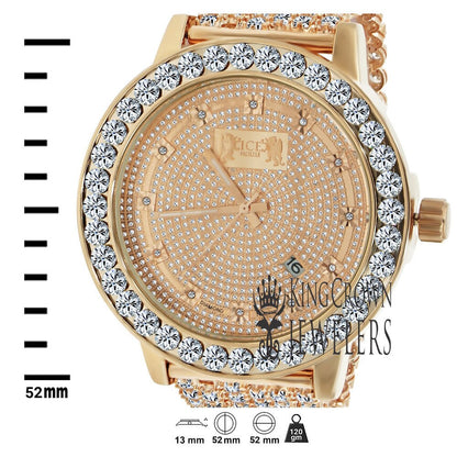 Rose Gold Tone Analog Solitaire Bezel Real Diamond Dial Iced Out Custom Band Mens Luxury Solid Steel Back Watch W/Date