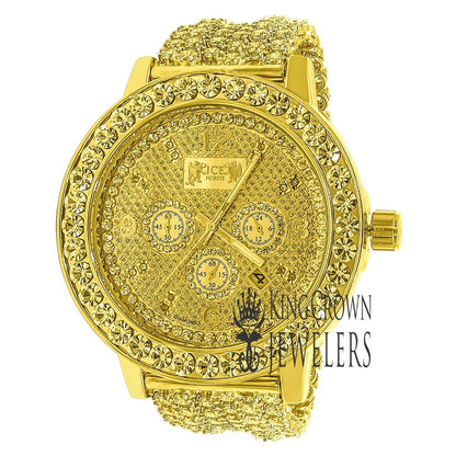 Mens  Canary Gold Tone Solitaire Bezel Real Genuine Diamond Dial Iced Out Custom Band Watch W/Date Function