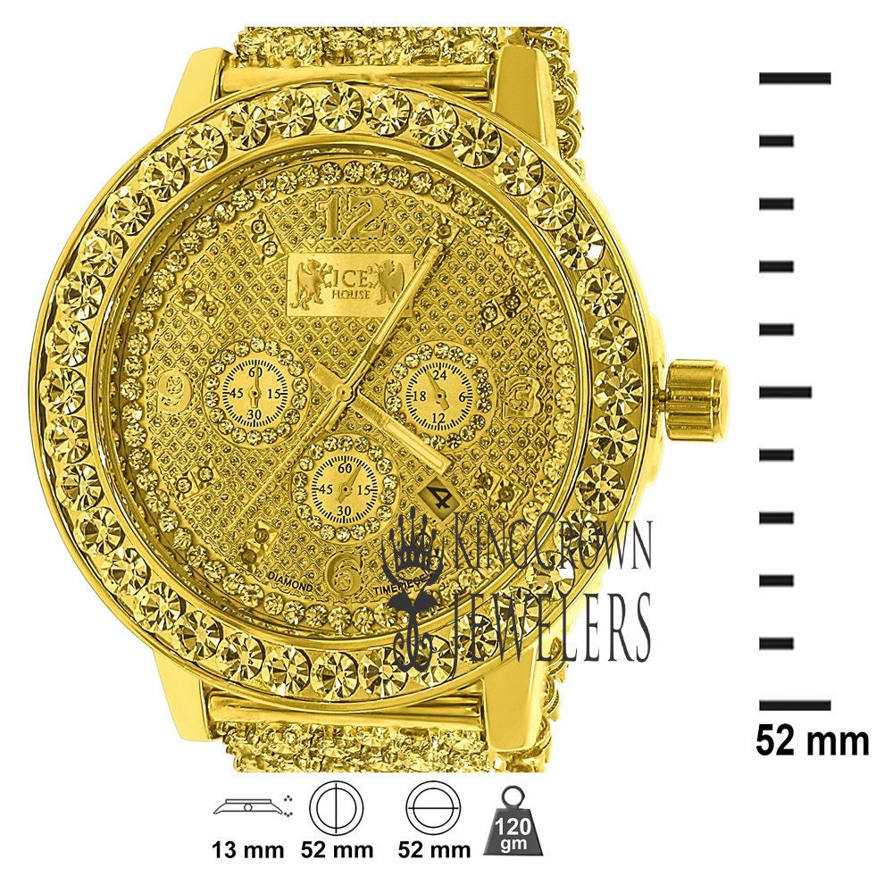 Mens  Canary Gold Tone Solitaire Bezel Real Genuine Diamond Dial Iced Out Custom Band Watch W/Date Function