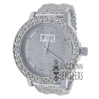 White Gold Tone Mens Solitaire Bezel Real Genuine Diamond Dial Iced Out Custom Band Watch W/Date Function