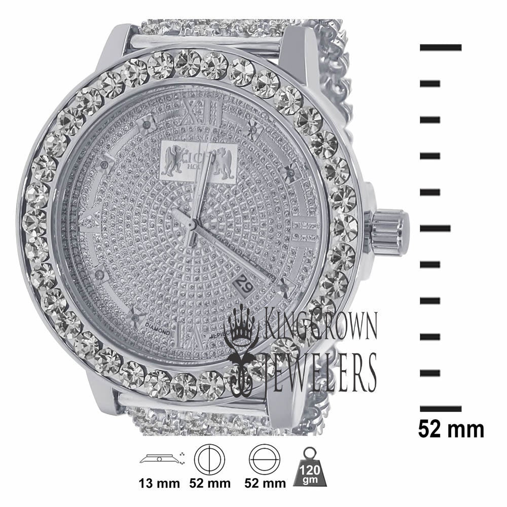 White Gold Tone Mens Solitaire Bezel Real Genuine Diamond Dial Iced Out Custom Band Watch W/Date Function