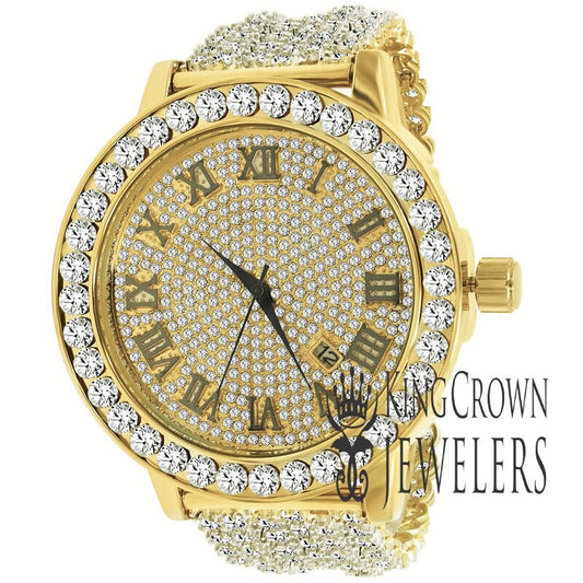 Roman Numeral Face Dial 55mm Solitaire Bezel All Gold Tone Lab Diamond Steel Back Mens Watch W/Date