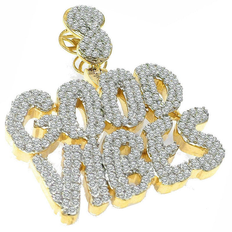 Genuine Sterling Silver 14K Yellow Gold Finish Good Vibes Custom Charm Pendant Simulated Diamonds Unisex