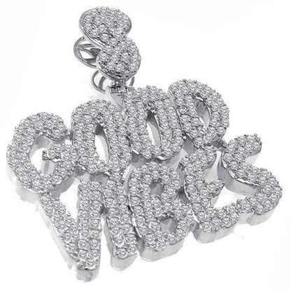 Genuine Sterling Silver 14K White Gold Finish Good Vibes Custom Charm Pendant Simulated Diamonds Unisex