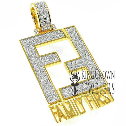 14K Yellow Gold On Real Sterling Silver Family First Simulated Diamonds Custom Charm Pendant
