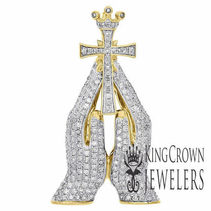 Real Yellow Gold Sterling Silver Simulated Diamond Praying Hands Holding Cross Crown Pendant Charm
