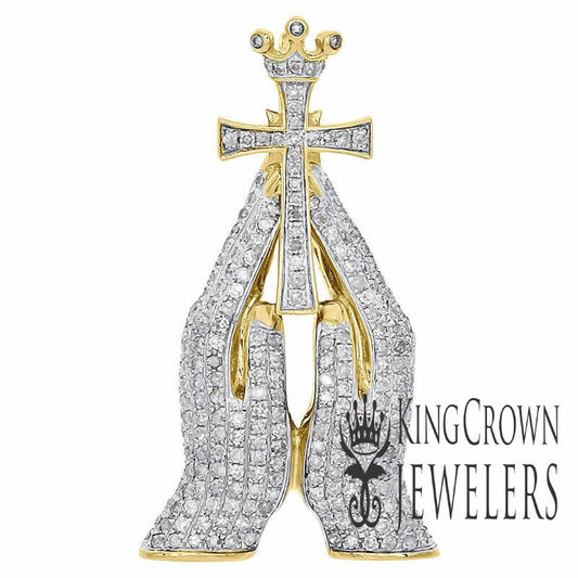 Real Yellow Gold Sterling Silver Simulated Diamond Praying Hands Holding Cross Crown Pendant Charm