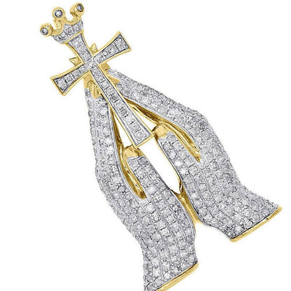 Real Yellow Gold Sterling Silver Simulated Diamond Praying Hands Holding Cross Crown Pendant Charm