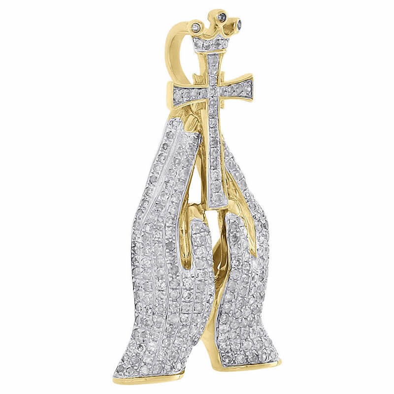 Real Yellow Gold Sterling Silver Simulated Diamond Praying Hands Holding Cross Crown Pendant Charm