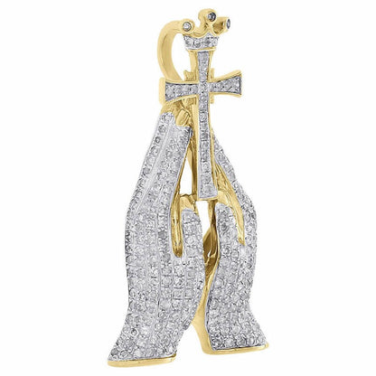 Real Yellow Gold Sterling Silver Simulated Diamond Praying Hands Holding Cross Crown Pendant Charm