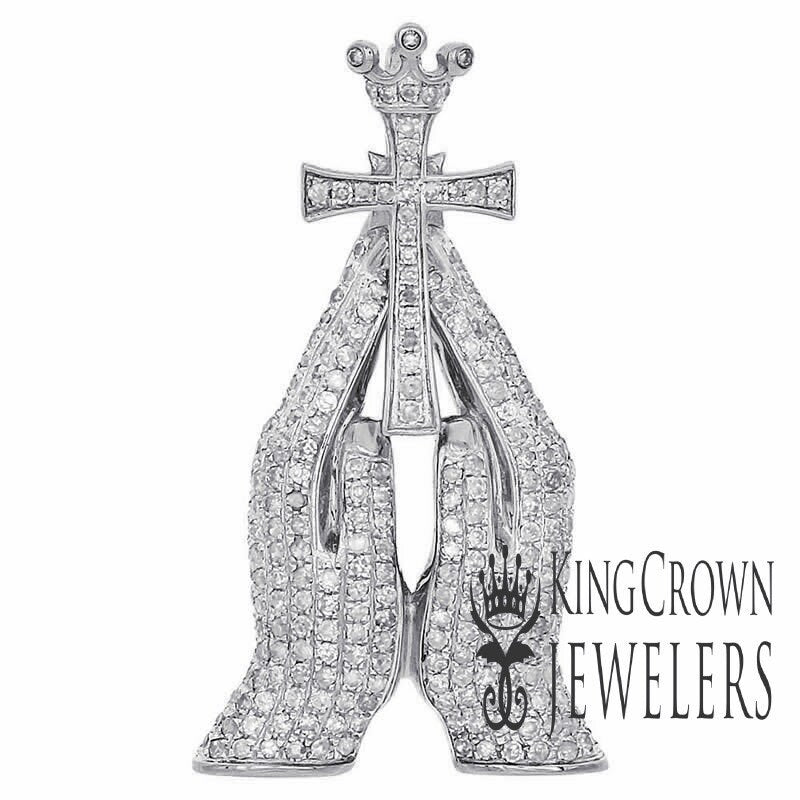 14K White Gold On Real Sterling Silver Simulated Diamond Praying Hands Holding Cross Crown Pendant Charm
