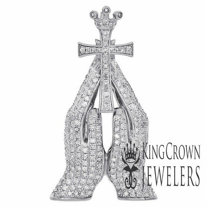 14K White Gold On Real Sterling Silver Simulated Diamond Praying Hands Holding Cross Crown Pendant Charm