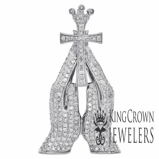 14K White Gold On Real Sterling Silver Simulated Diamond Praying Hands Holding Cross Crown Pendant Charm