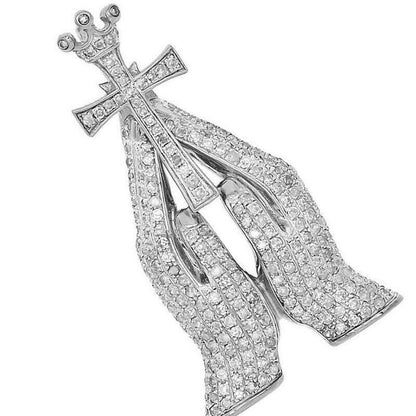 14K White Gold On Real Sterling Silver Simulated Diamond Praying Hands Holding Cross Crown Pendant Charm