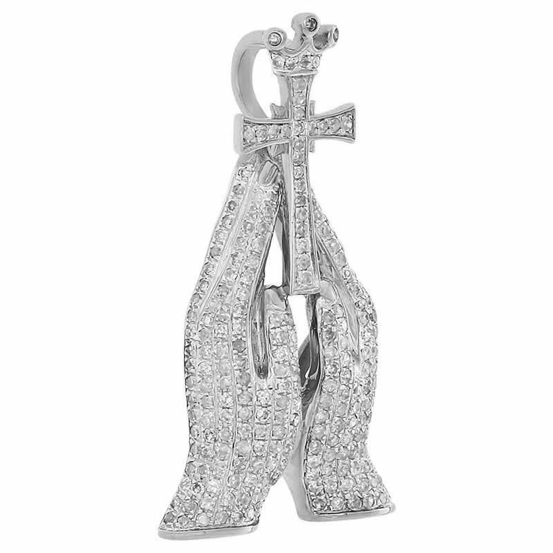 14K White Gold On Real Sterling Silver Simulated Diamond Praying Hands Holding Cross Crown Pendant Charm