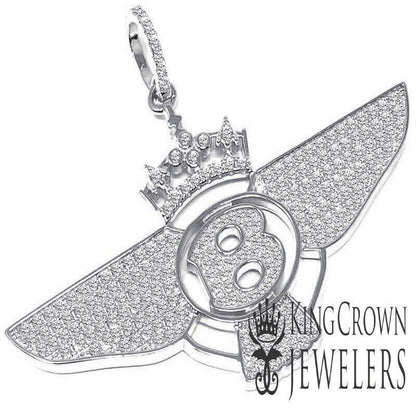 14K White Gold On Genuine Sterling Silver Simulated Diamond B Wing Flying B Bentley Crown Pendant Charm