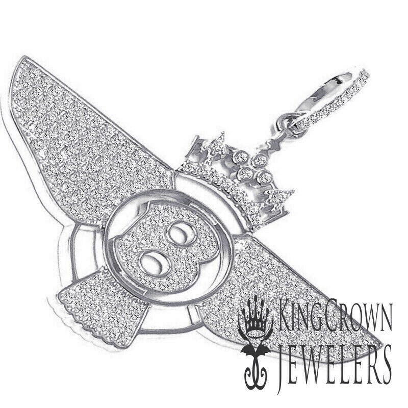 14K White Gold On Genuine Sterling Silver Simulated Diamond B Wing Flying B Bentley Crown Pendant Charm