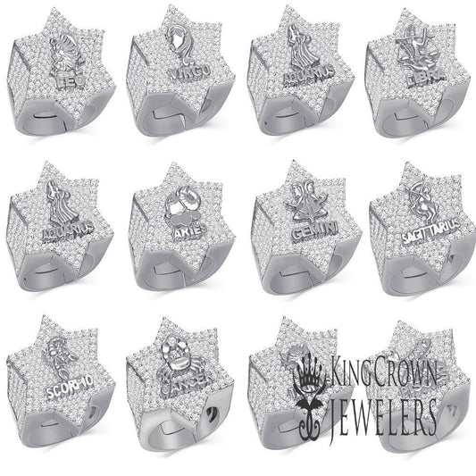 Real Genuine Italian Sterling Silver Zodiac Sign Astrology Horoscope 2.00 Cwt. Simulated Diamond 14K White Gold Over Star Shape Ring Band