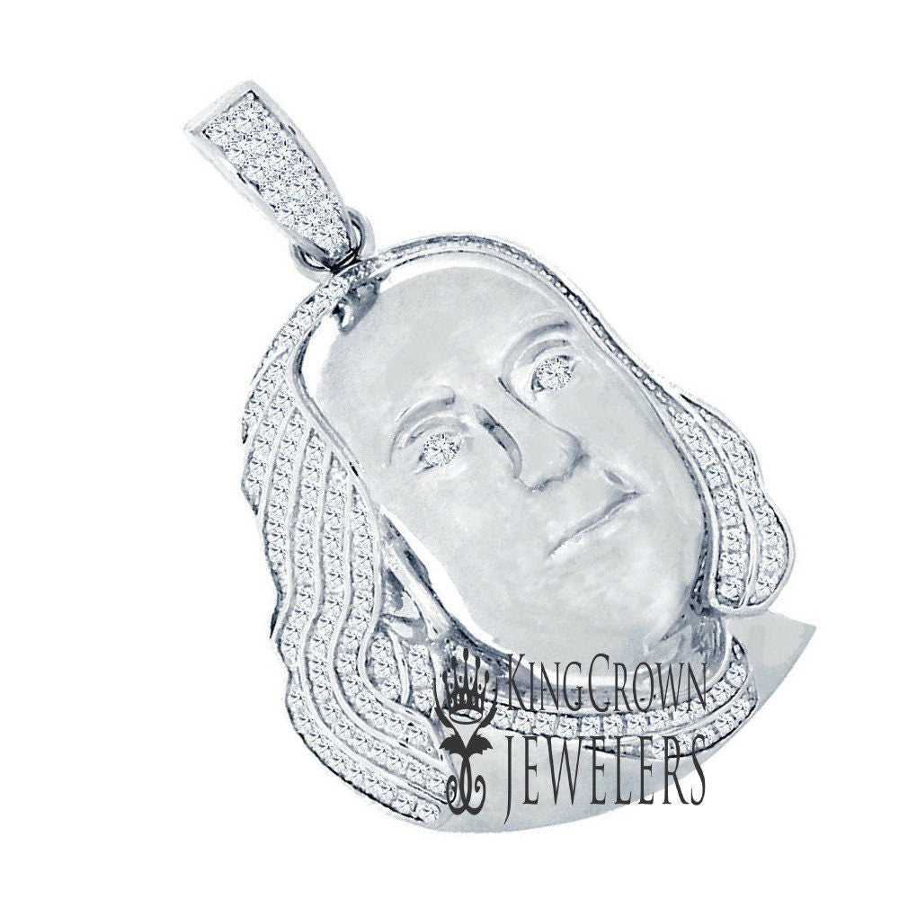 Pure  Italian Sterling Silver 14K White Gold Finish 100 Dollar Bill Money Face Franklin Lab Diamond Custom Charm Pendant 2"