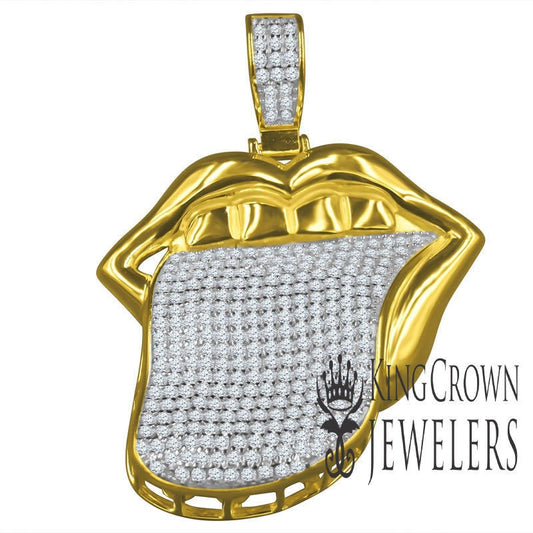 Real Yellow Gold Sterling Silver Stuck Out Tongue Pendant Simulated Diamond Desire Pave Custom Charm