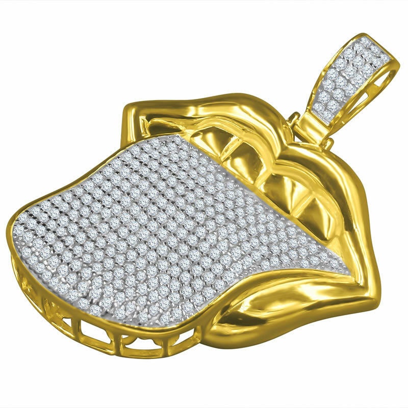 Real Yellow Gold Sterling Silver Stuck Out Tongue Pendant Simulated Diamond Desire Pave Custom Charm