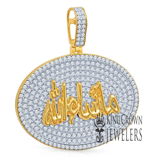 Real Sterling Silver  14K Gold Finish Lab Diamond Mashallah Muslim Charm Islamic Pendant Medallion