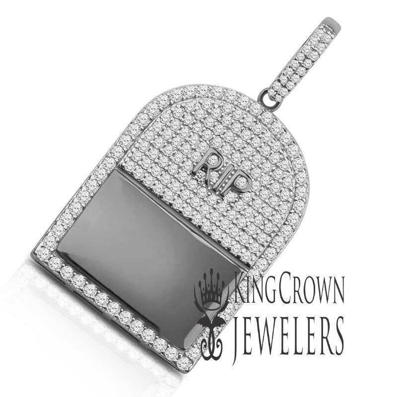 10K White Gold On Genuine Sterling Silver RIP Tombstone Custom Pendant Simulated Diamond Charm 1.65"